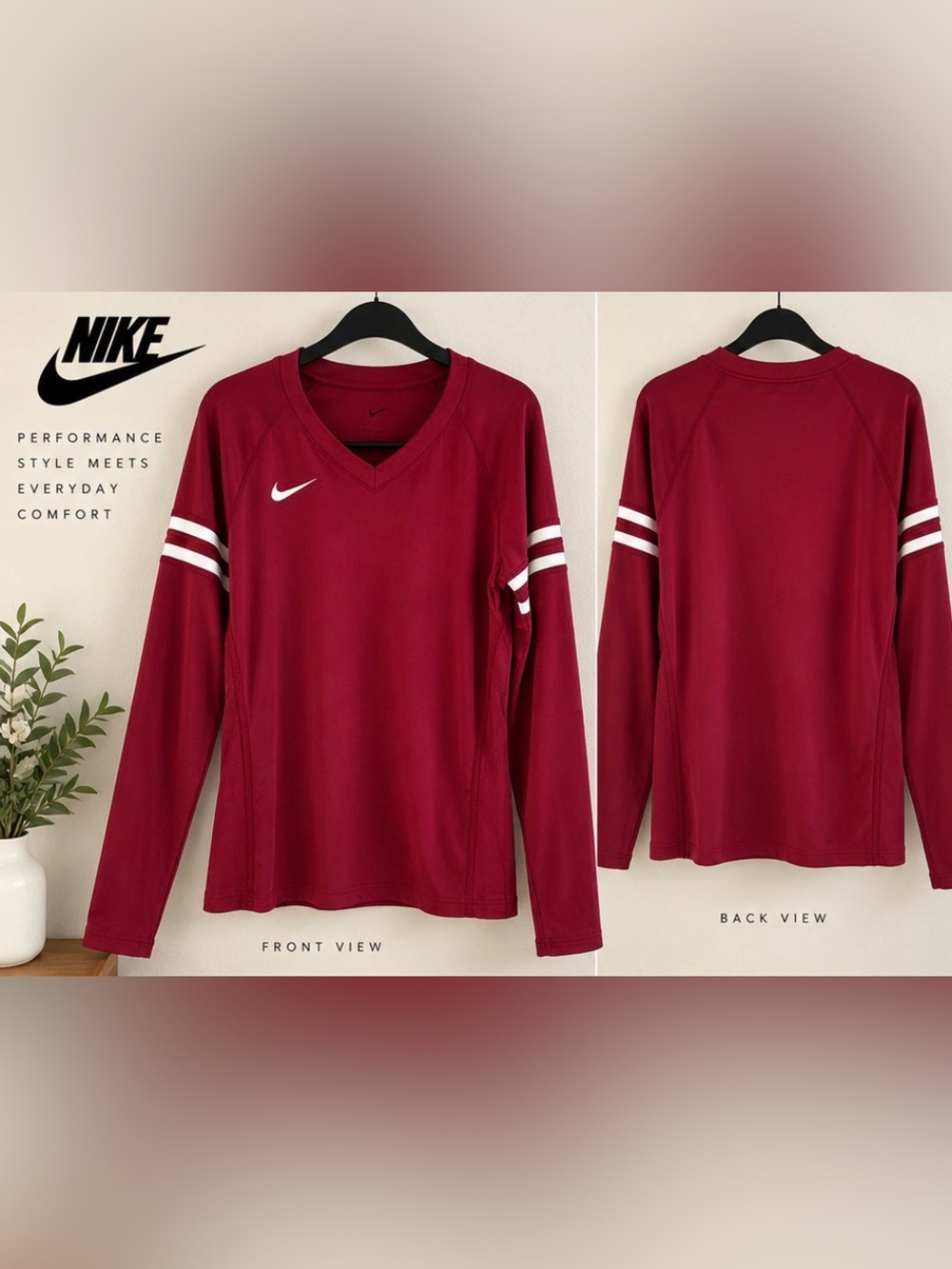 Nike Women V-Neck Long Sleeve Sweater - Maroon with White Stripes